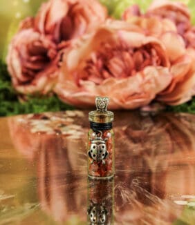 Geschenkflesje aan koord met carneool en lieveheersbeestje